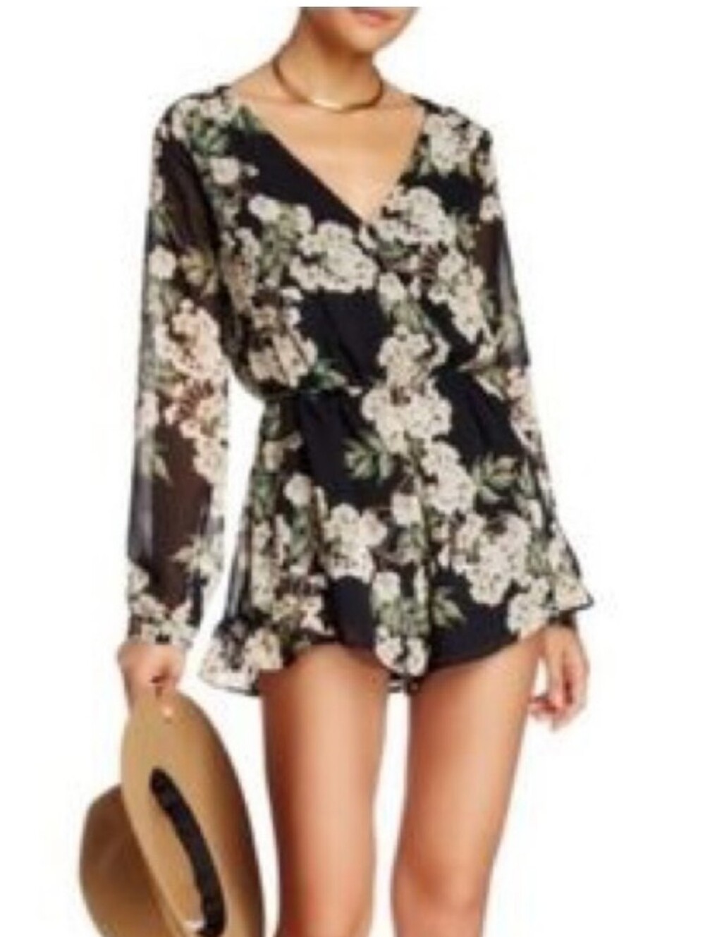 ASTR Romper Floral Print Long Sleeve Black White Size M - Picture 1 of 10